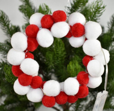 Pottery Barn 6" Red  White Pom Pom Lit Light Up Wreath Christmas Ornament