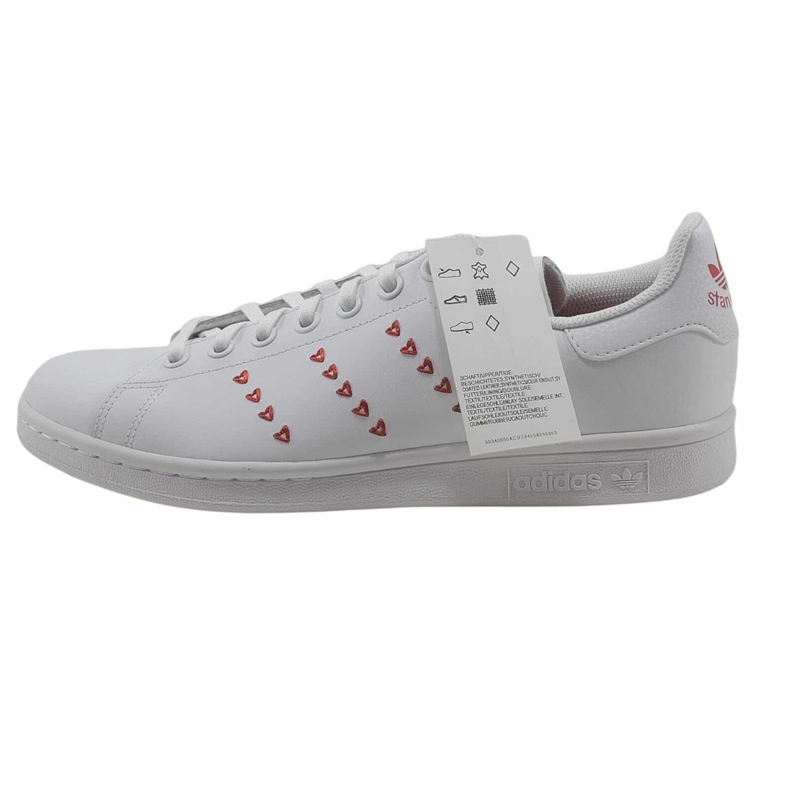 SAOLA Scarpe unisex Adidas Stan Smith J EG6495 cuori bianchi nuove taglia 7