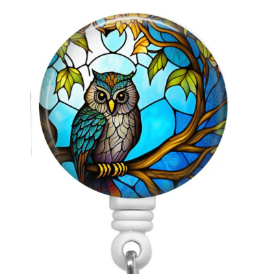 Owl ID Nurse Teacher Retractable Badge Reel ID Holder Faux Stained Glass Art
