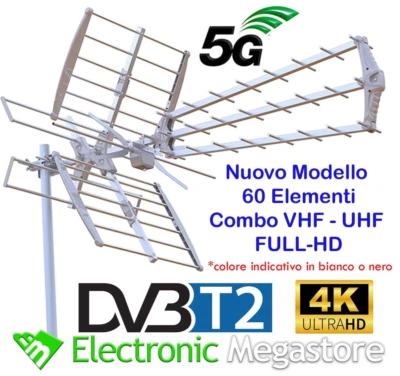 ANFEL COMBO DVB-T2 UHF VHF con FILTRO 5G Antenna UHF LTE/5G Ready 60 elementi