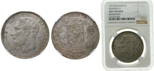 Belgium 1873 5 Francs Silver (.900) (10% copper) NGC UNC