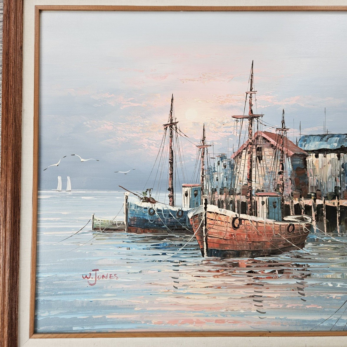 Vintage Oil On Canvas Ship Harbor Painting By W. Jones Framed