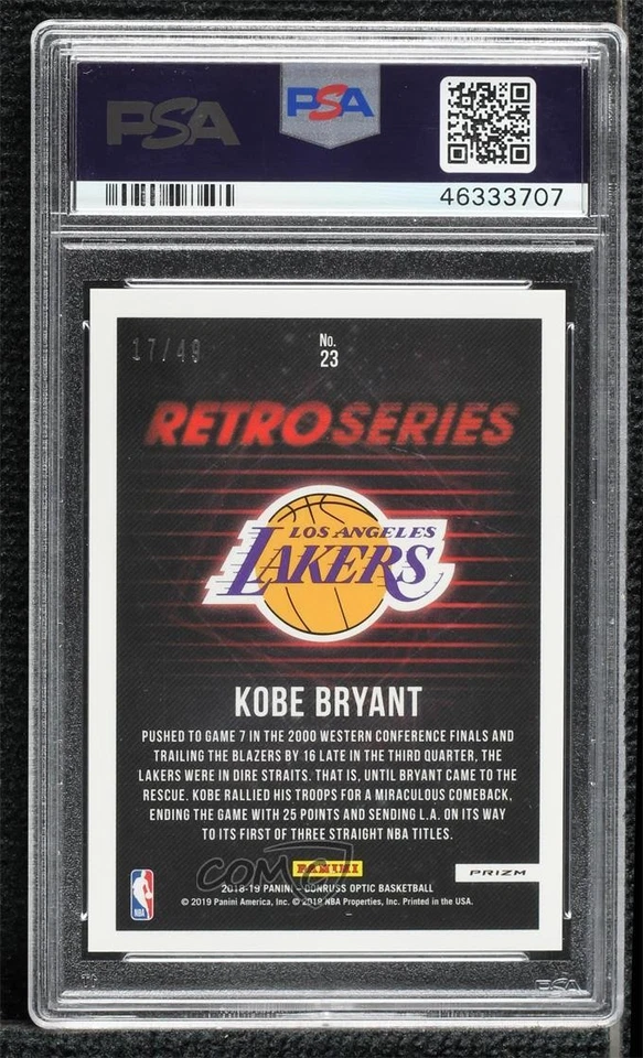 2018 Donruss Optic Retro Series Blue Prizm /49 Kobe Bryant #23 PSA 10 GEM MT HOF - Image 2 of 2