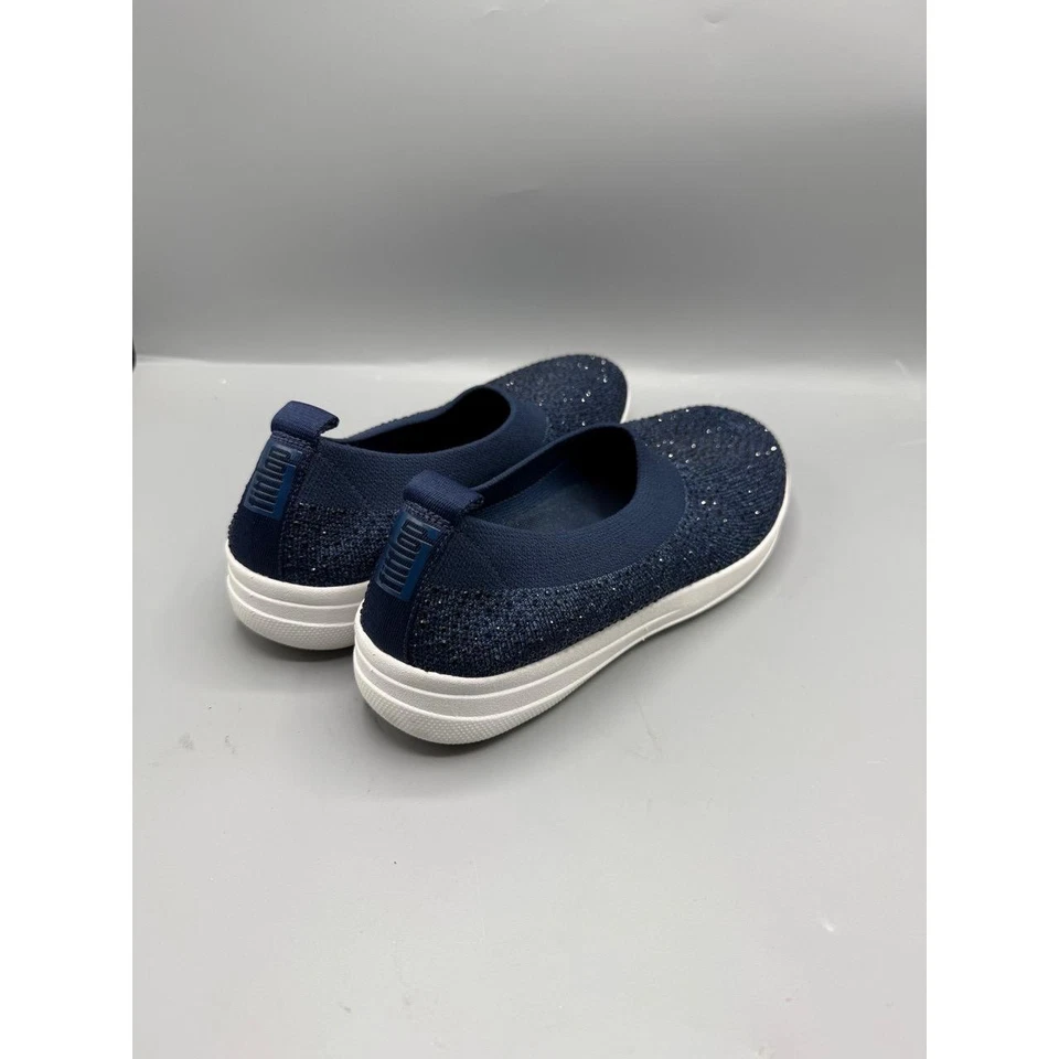 Zapatillas sin cordones FitFlop tejido brillante azul oscuro plata brillante suela cómoda W10 Foto 4 de 4
