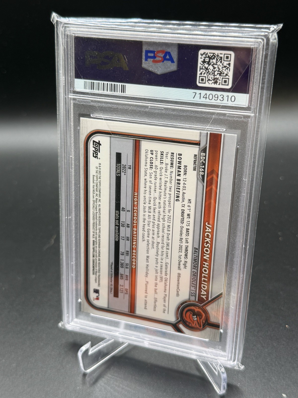 2022 Bowman Draft 1st Chrome Refractor Jackson Holliday #BDC168 PSA 9 Orioles  view 2