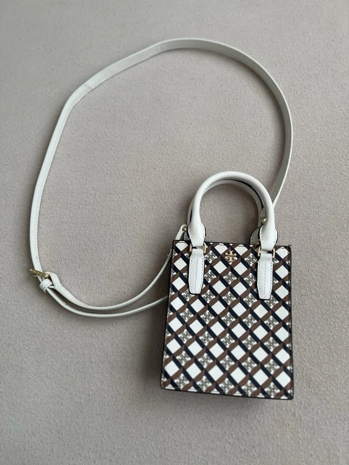 Bandolera Tory Burch Blake Mini Shopper Blanco Marrón Cuero Logo Geométrico 2 Vías Foto 4 de 4