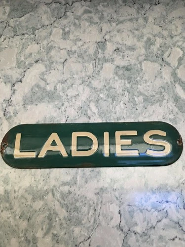 Vintage green and white porcelain gas station LADIES restroom sign