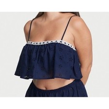 Victoria's Secret Navy Blue Eyelet Lace Trim Ruffle Crop Top Pajama M