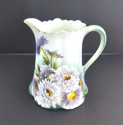 Antique Keller & Guerin Faience Majolica Pitcher Luneville France Purple Flowers