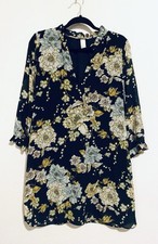 H and M Dress Womens 14 Blue Floral 3/4 Sleeve V Neck Ruffle Collar Cottagecore
