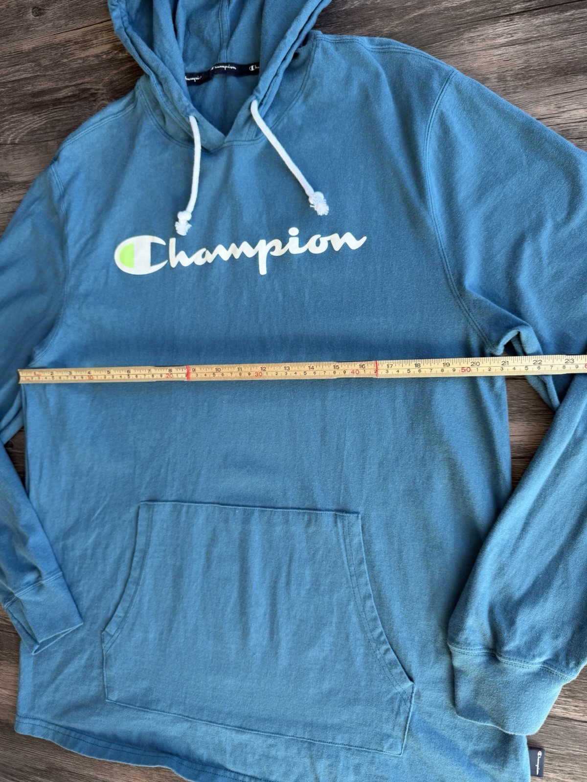 Champion Spellout Hoodie Mens L Teal Blue Lightweight Cotton Hooded T Shirt thumbnail 5