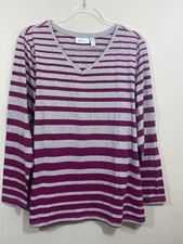 Denim & Co Active Size 1X Purple Gray Striped Long Sleeve Stretch Top V Neck NEW