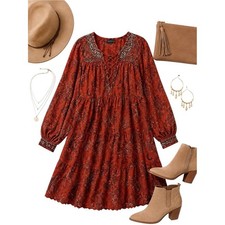 Free People Red Paisley Boho Mini Dress Lace Up Raw Hem Women's XS Festival Wear