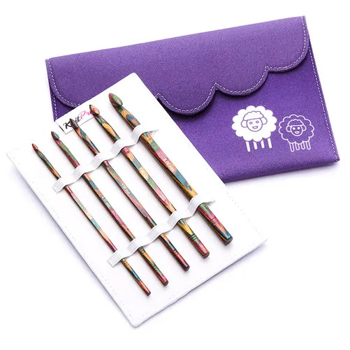 Knit Pro Symfonie pack of 5 Birchwood Crochet Hooks in Purple fabric case.
