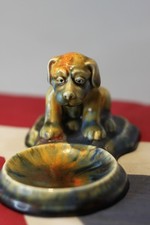 Piatto cane ceramica ducale corona art deco vintage - crackleware smaltato screziato