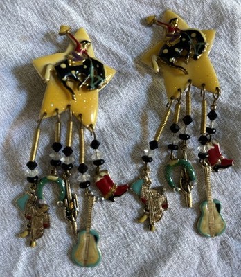 Vintage Moulin Rouge Star Bucking Bronco Cowboy Earrings Rodeo Western 3 1/2 In.