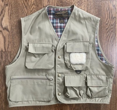 Vintage 90s Eddie Bauer Fishing Vest Mens sz Large Beige Khaki Utility Pockets