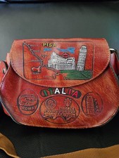 Vintage Italian leather crossbody bag with embossed landmarks maps
