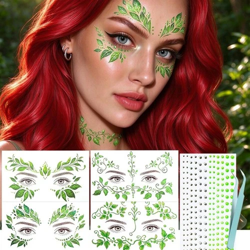 NOOEPC Glitter Leaf Face Temporary Tattoos with Green Face Gems - product listing photo