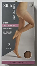 SILK IMPRESSIONS 2-pk PANTYHOSE rich tan LIGHT SUPPORT SHEER 20 denier (XL)