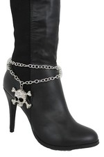 Women Silver Metal Chain Boot Strap Bracelet Bling Shoe Big Charm Skeleton Skull