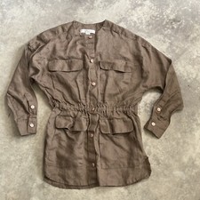 Brett Harrison Blouse Women Sz Small Linen Brown 3/4 Sleeve Button Front Safari