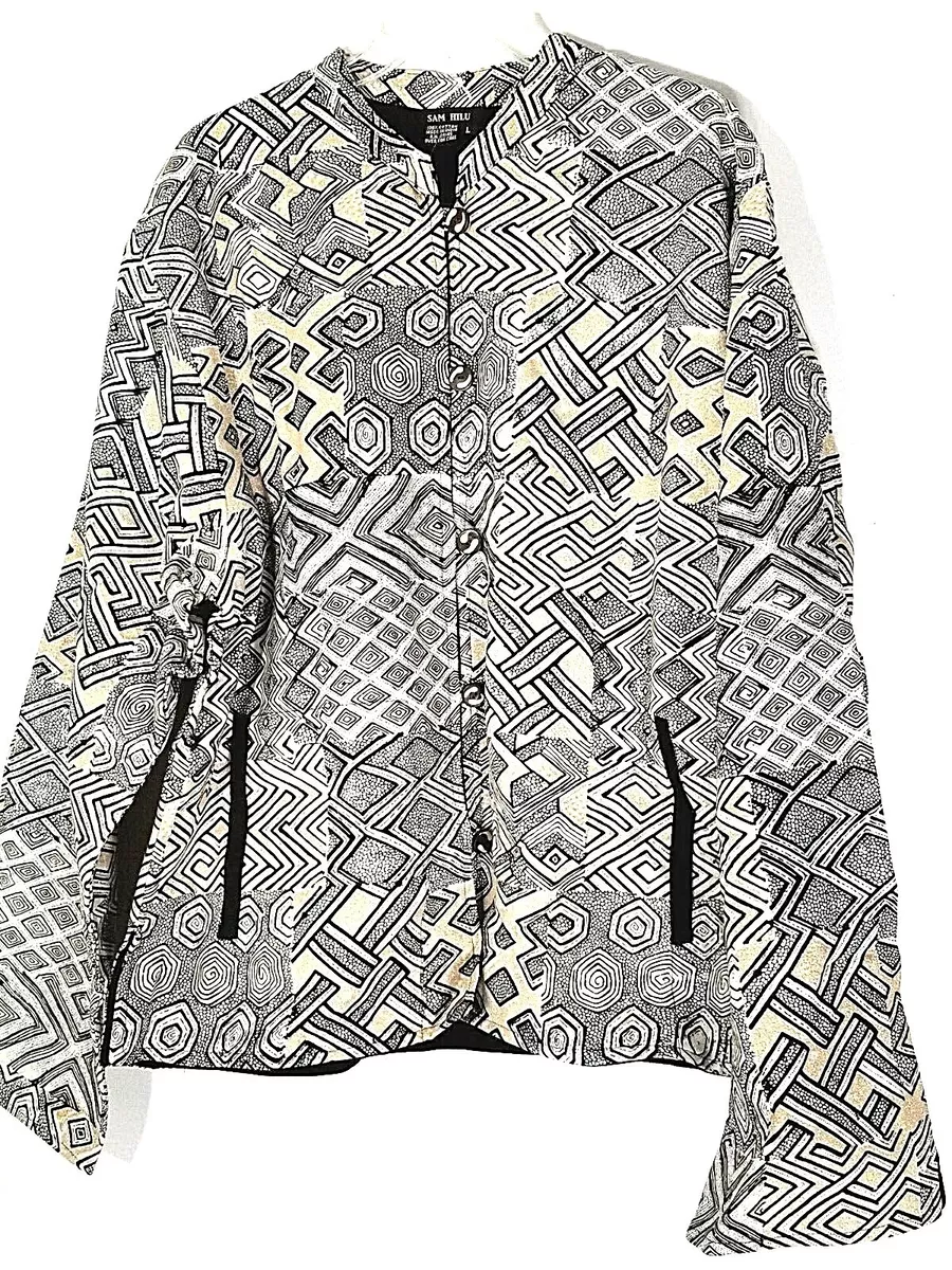Sam Hilu Women s Beige Print Reversible Jacket L Large Black Ivory New NWT