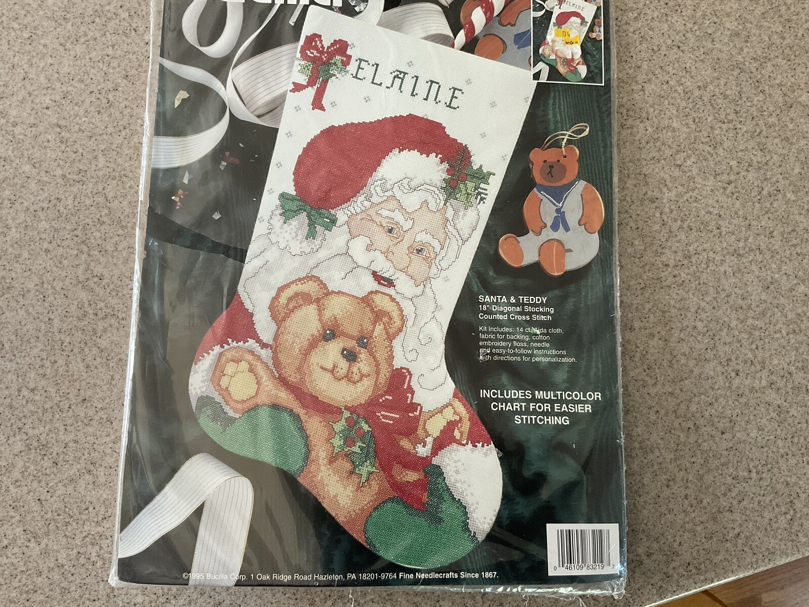 Bucilla Counted Cross Stitch Christmas Stocking Kit “Santa & Teddy” 18”