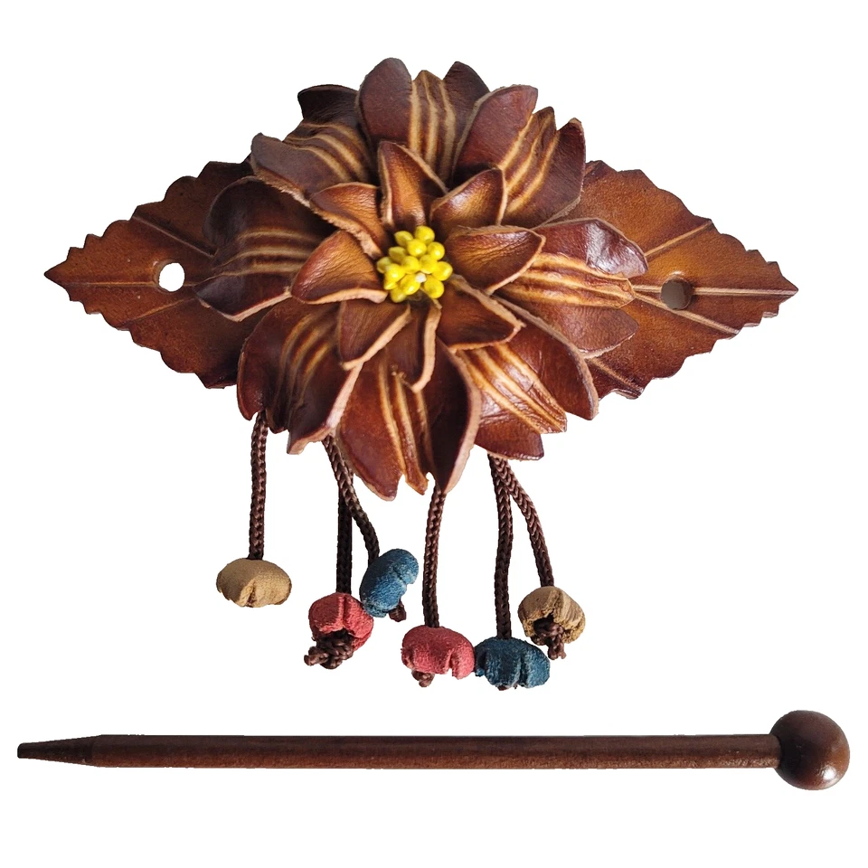 Clipe de cabelo de couro barrette e suporte de rabo de cavalo vara de madeira flor pônei - Imagem 3 de 4