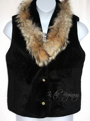 Tsunami Womens M Real Fur Collar Black Faux Fur Vest Jacket EUC | eBay