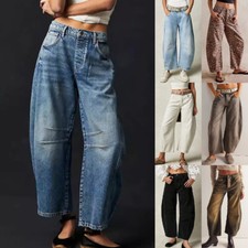 Womens Wide Leg Mid Waist Jeans Cropped Barrel Denim Pants Loose Jeans Plus Size