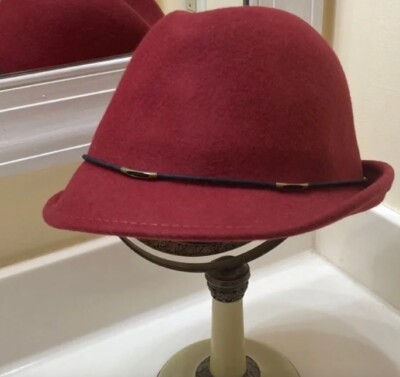 Scala One Size Wool Felt Hat Nice Brim Fedora Burgundy Braided Leather Trim