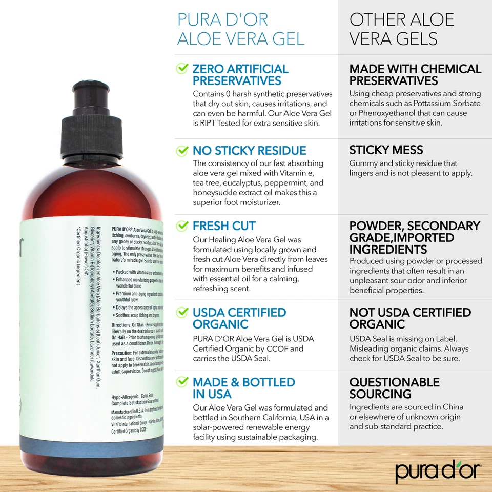 Gel de Aloe Vera Orgánico PURA D'OR 16 OZ Lavanda Original para Rostro, Piel y Cabello Foto 3 de 4