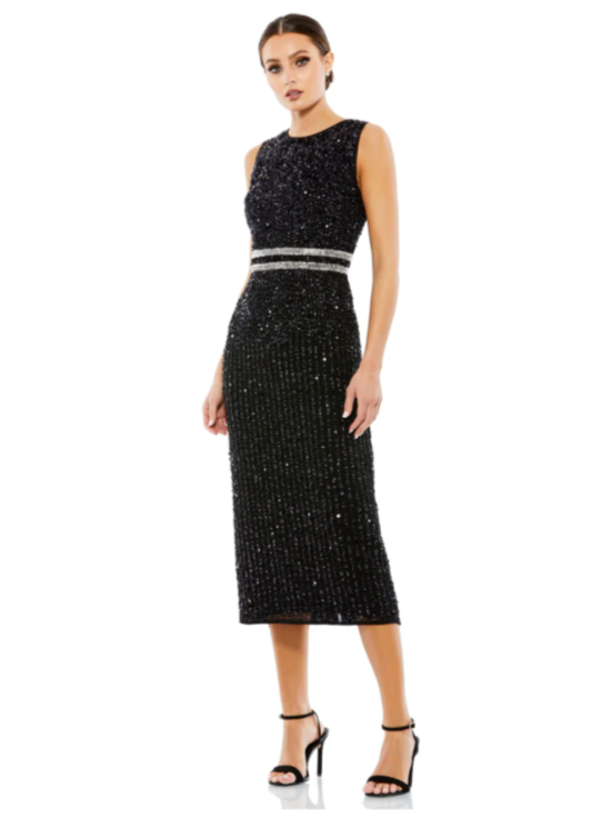 MAC DUGGAL Black Silver Sequin Beaded Embellished Sleeveless Midi Dress 16 = XL