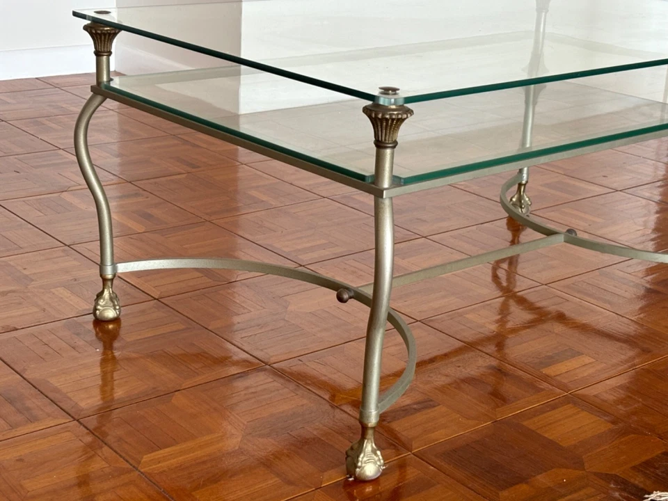 Maison Jansen Style Brass Brushed Steel & Glass Ball and Claw Foot Coffee Table - Image 3 of 4