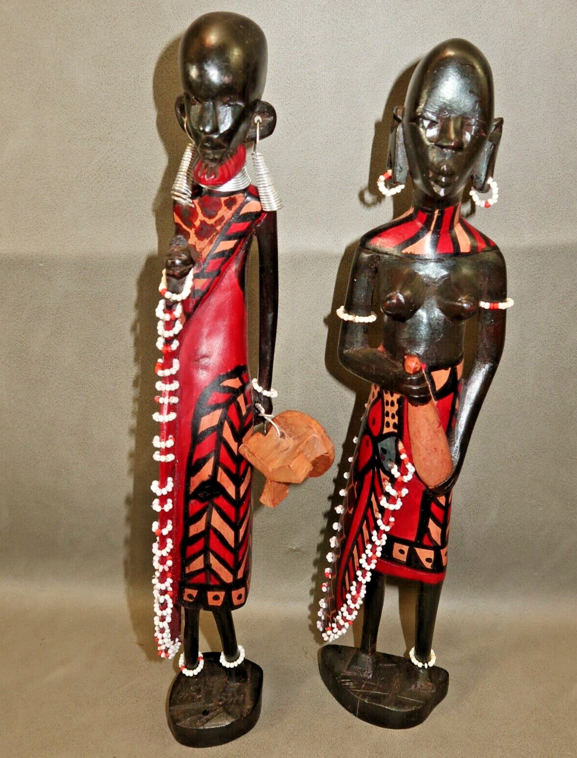 PAIR of Maasai African Mahogany Wood Woman and Man Beaded Figures Carved 12"