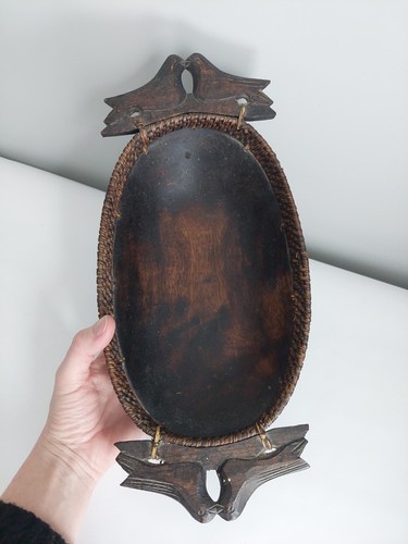 Decorative Footed Bowl, Carved Wooden Wood Bird Handle, Woven Rim Basket, 15" - Picture 6 of 8