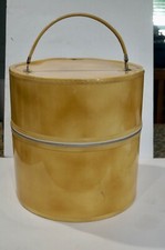 Vintage Yellow Hat Wig Box Train Travel Case with Roses  White Interior