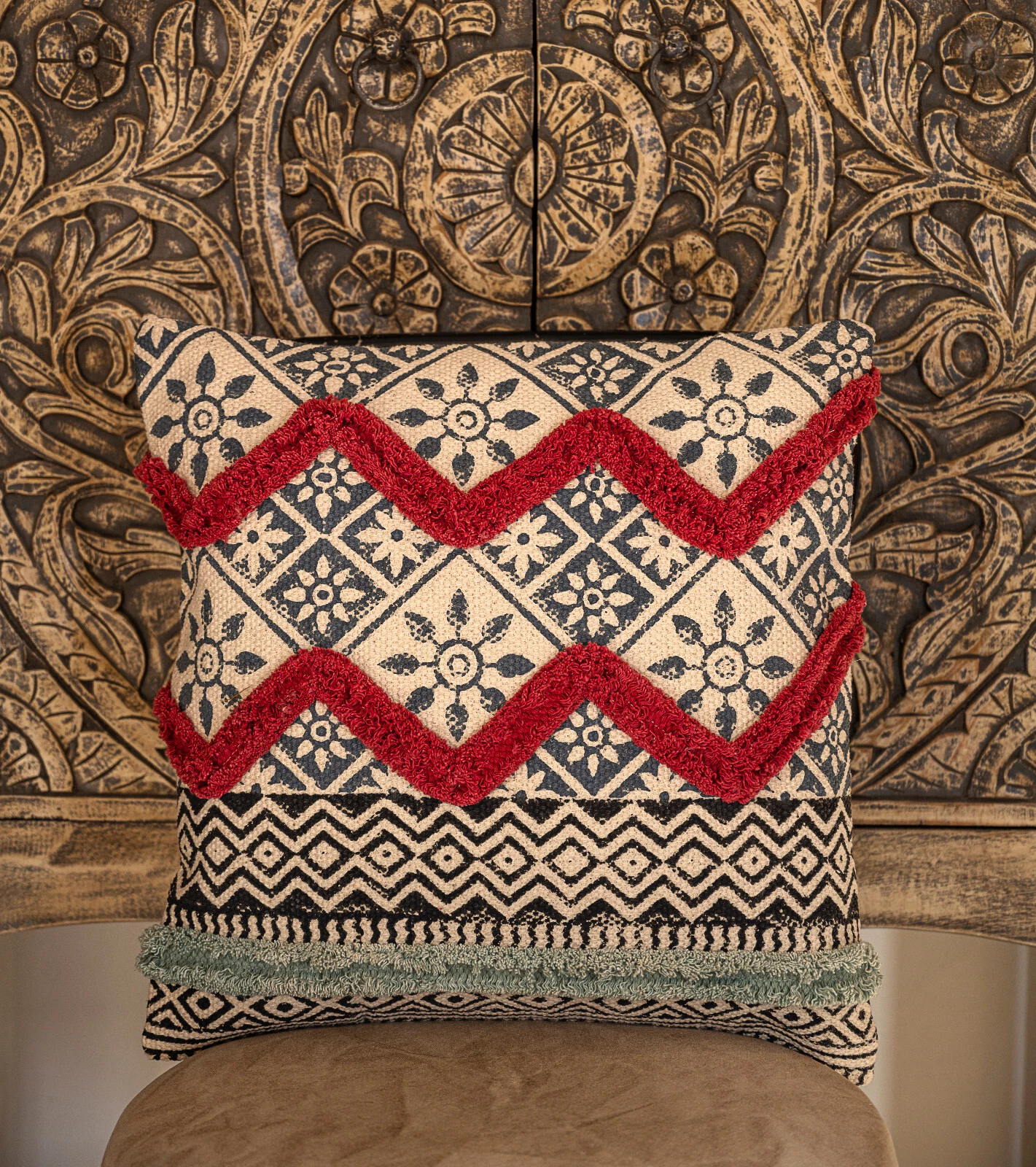 Throw Pillow for Sofa Block Print Cushion Cover Home Decor 16x16 in 1 Pc