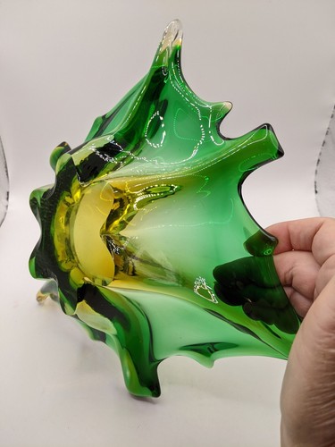 Vintage Murano? Blown Glass Green And Gold Dish Leaf Design Beautiful - Picture 7 of 10