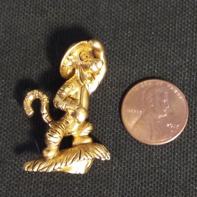 Vintage Signed Disney Satin Gold Tone Tigger w Safari Hat Lookout Brooch Pin EUC