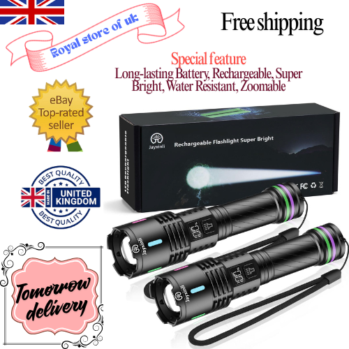 Jayxinli Torches LED Super Bright Rechargeable 2-Pack - 1000000 Lumen Zoomable