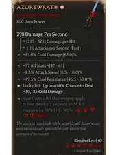 Diablo 4 S9 Azurewrath 1GA 30% Unique Sword Rogue Gear Item Equipment Weapon
