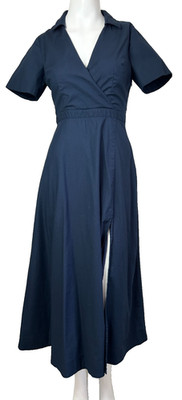 Reformation Isadora Midi Poplin Dress Size 2 Navy V-Neck Short Sleeve Slit EUC