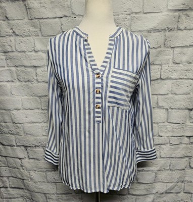 MOST COLLECTION S BLUE WHITE STRIPE V-NECK BUTTON HENLEY TAB SLEEVE NAUTICAL TOP