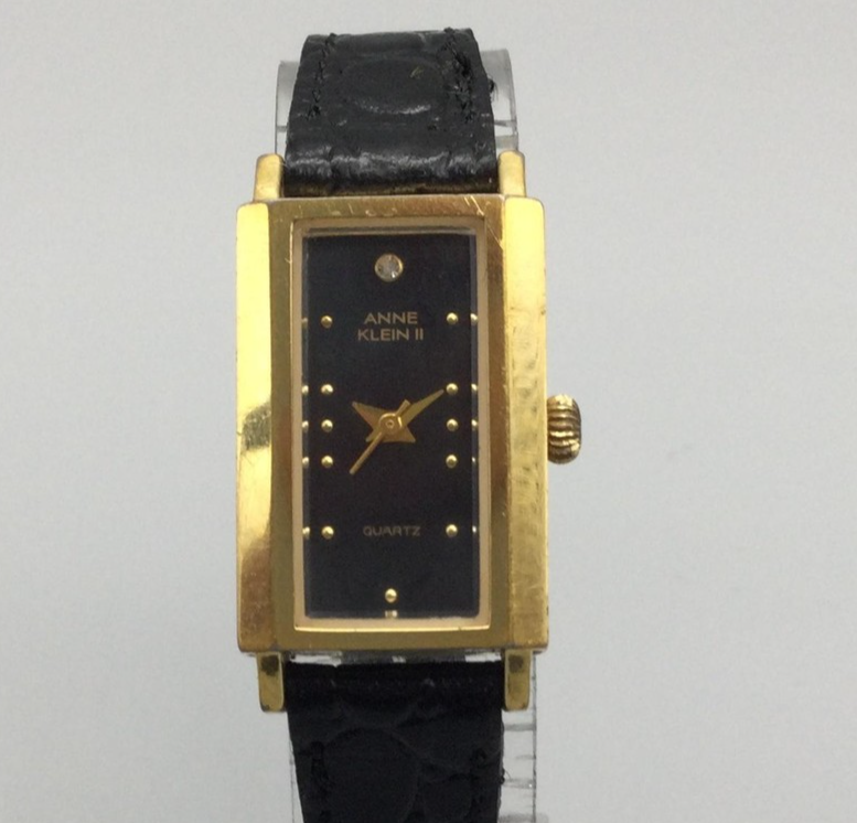Anne Klein Rectangular Gold-tone Case Black Band Watch Working New Battery Anne Klein Womens Watch 24mm Black Dial Crystal Black Strap  main image 2