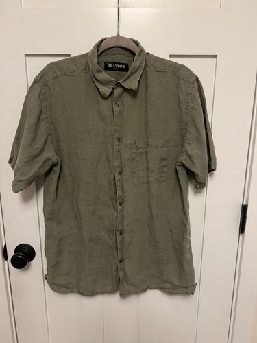 Brandini Short Sleeve Linen Shirt Button Olive Green M Old Money Quiet Luxury