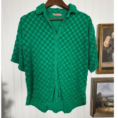 Bailey Rose Button Down Shirt Womens XS Green Excellent Terry Cloth Checkerboard