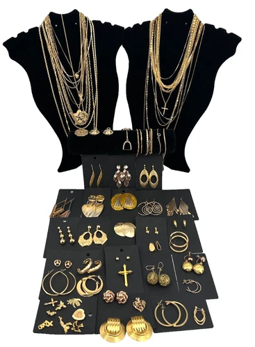 Vintage Gold Tone Costume Jewelry Mixed Lot 75 Pcs Wearable Necklaces Earrings