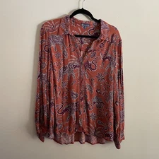 Democracy M Rust Orange Elephant Print Boho Peasant Long Sleeve Button Down Top